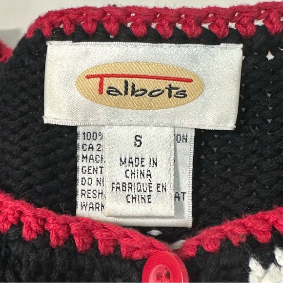 Talbots Cardigan Sweater Chunky Knit Black Red White Circles Business Casual S - Picture 5 of 9